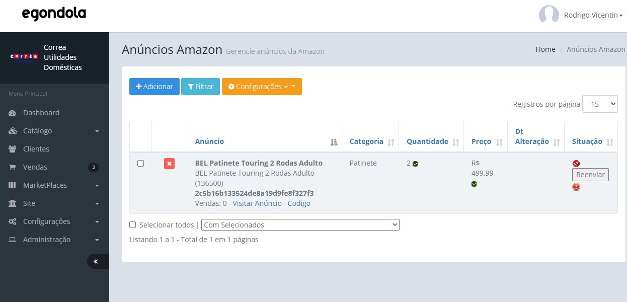 Tela de anuncio enviado Amazon na plataforma egondola