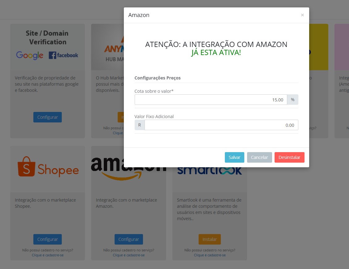 Tela de ativação de integração na plataforma egondola