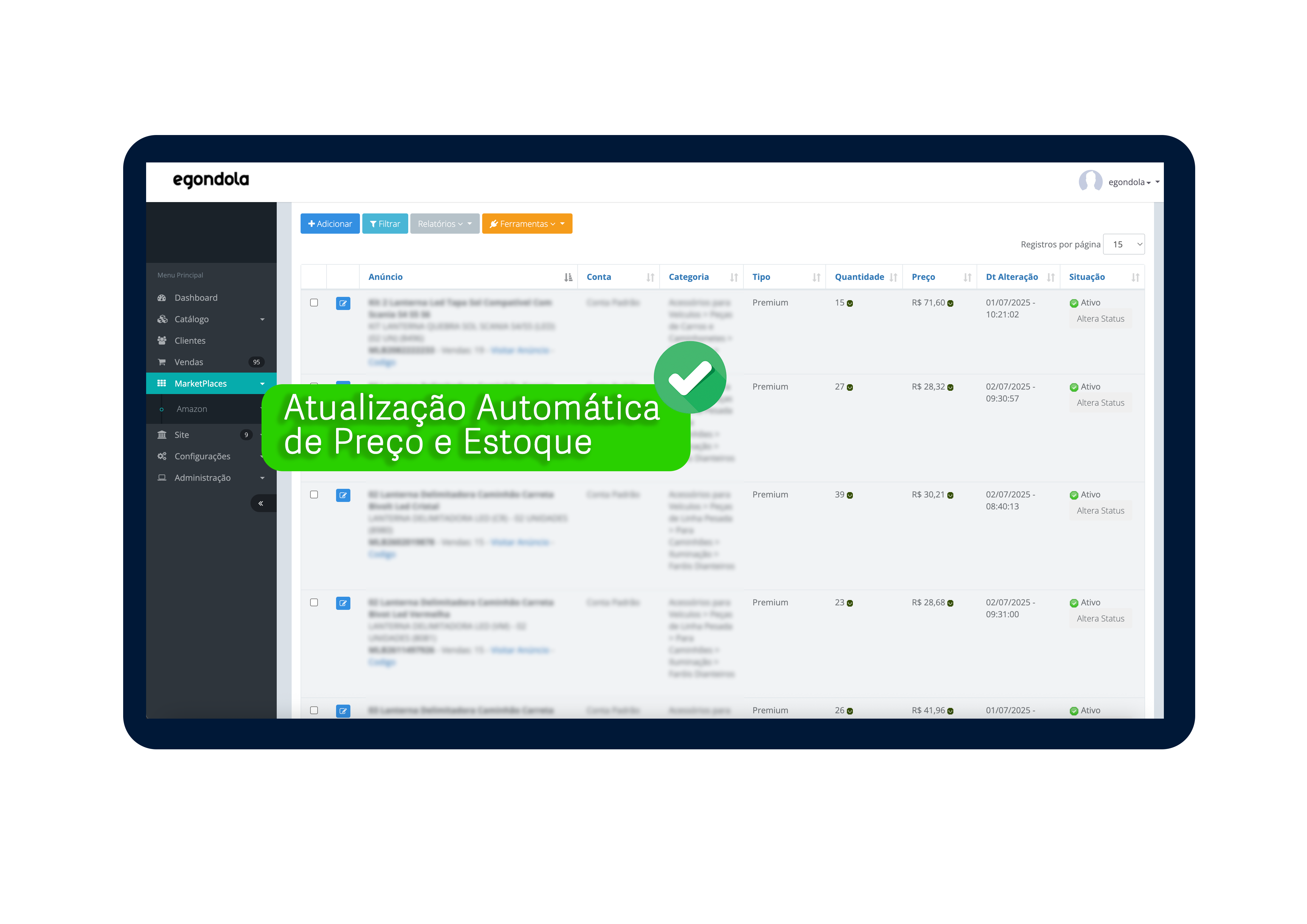 Tela de preços e produtos Amazon na plataforma egondola
