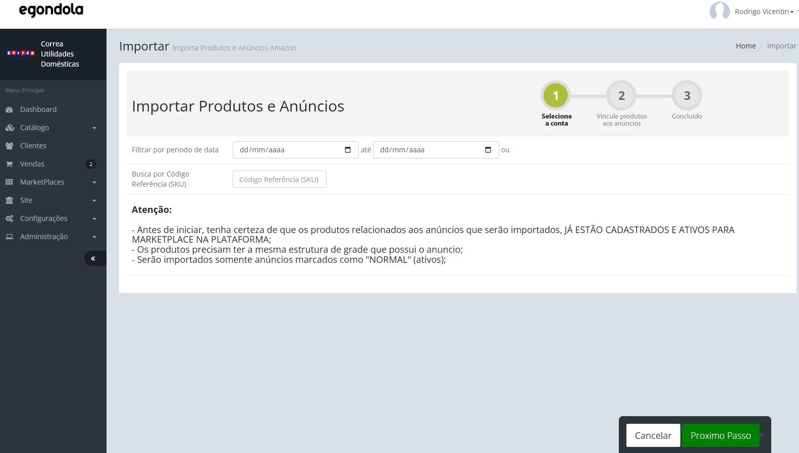 Tela de importação de anúncios na plataforma egondola